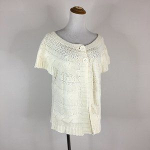 BERRITTI Italy Ivory Wool Blend Perforated Cable Knit Short Sleeve Cardigan